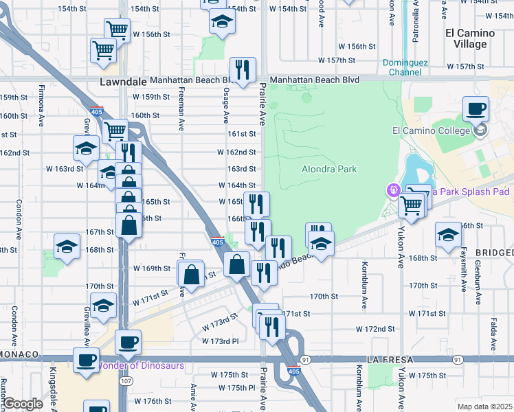 map of restaurants, bars, coffee shops, grocery stores, and more near 16515 Prairie Avenue in Lawndale