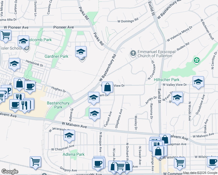 map of restaurants, bars, coffee shops, grocery stores, and more near 1318 West Valley View Drive in Fullerton