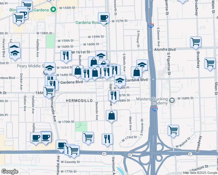 map of restaurants, bars, coffee shops, grocery stores, and more near 16527 Vermont Avenue in Gardena