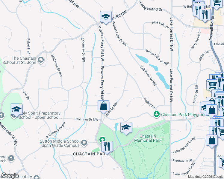 map of restaurants, bars, coffee shops, grocery stores, and more near 260 Danbury Lane Northwest in Atlanta