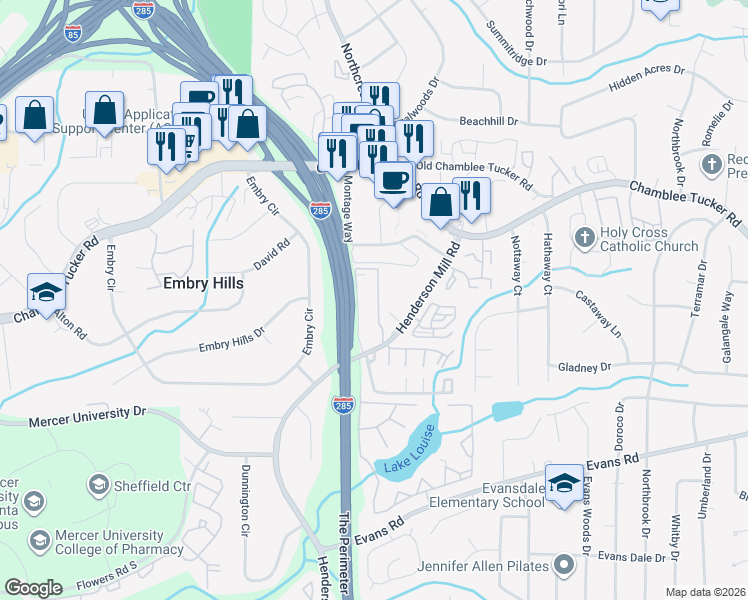 map of restaurants, bars, coffee shops, grocery stores, and more near 3236 Henderson Mill Road in Atlanta