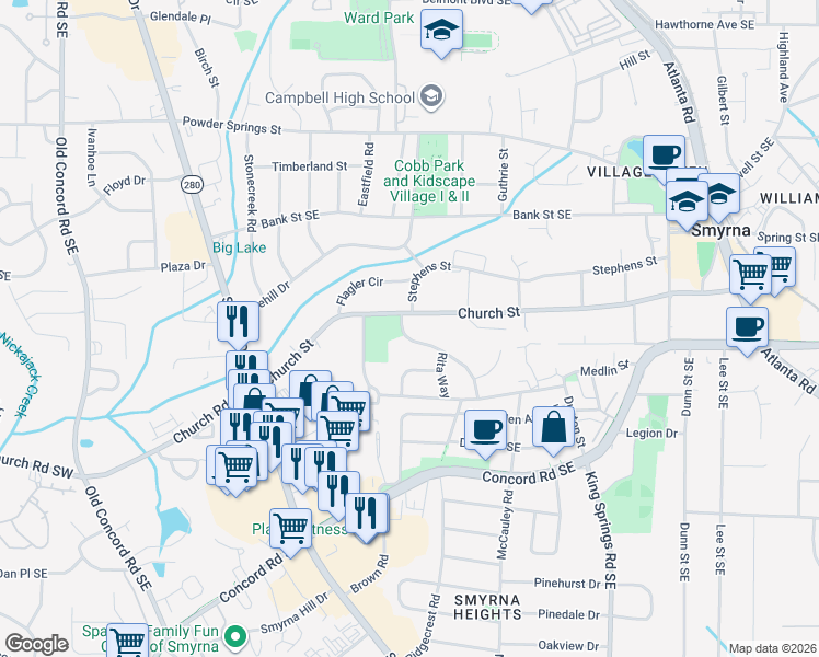 map of restaurants, bars, coffee shops, grocery stores, and more near 3011 Clifton Road in Smyrna