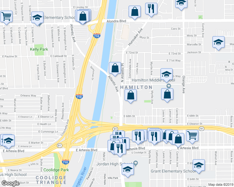 map of restaurants, bars, coffee shops, grocery stores, and more near 6925 Atlantic Avenue in Long Beach