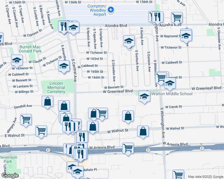 map of restaurants, bars, coffee shops, grocery stores, and more near 1310 West Bennett Street in Compton
