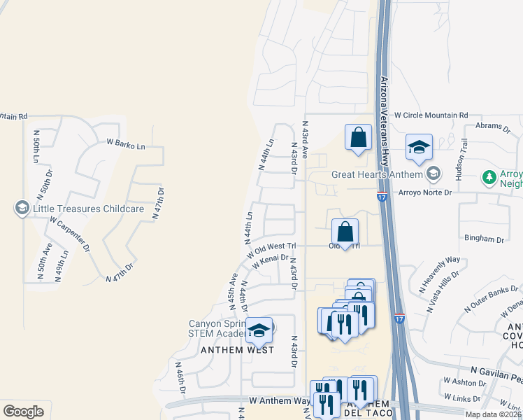 map of restaurants, bars, coffee shops, grocery stores, and more near 43608 North 44th Avenue in New River