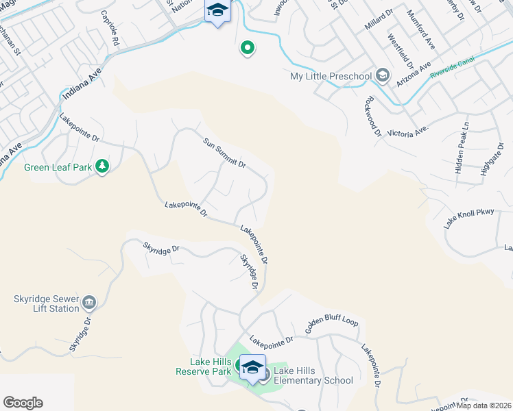 map of restaurants, bars, coffee shops, grocery stores, and more near 16462 Sun Summit Drive in Riverside