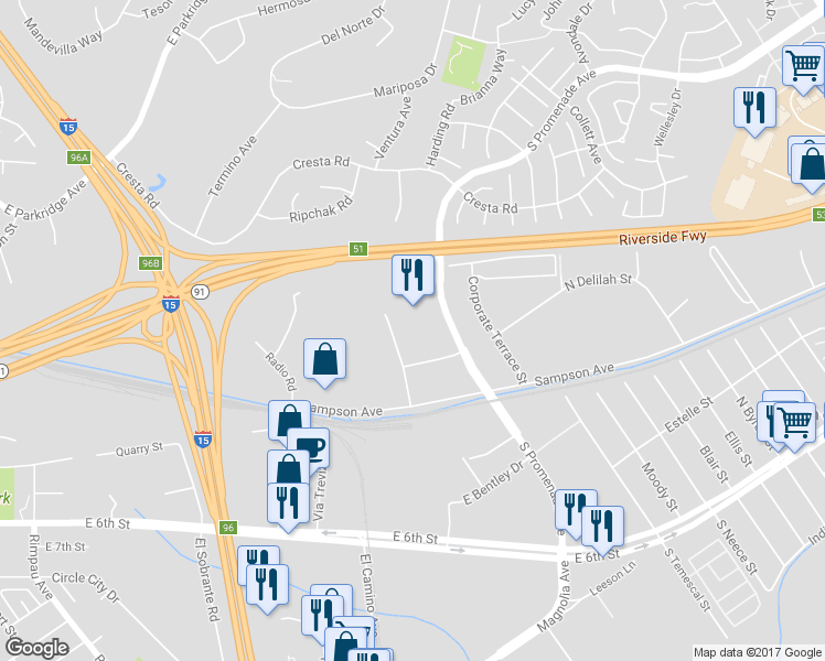 map of restaurants, bars, coffee shops, grocery stores, and more near 100 South Promenade Avenue in Corona