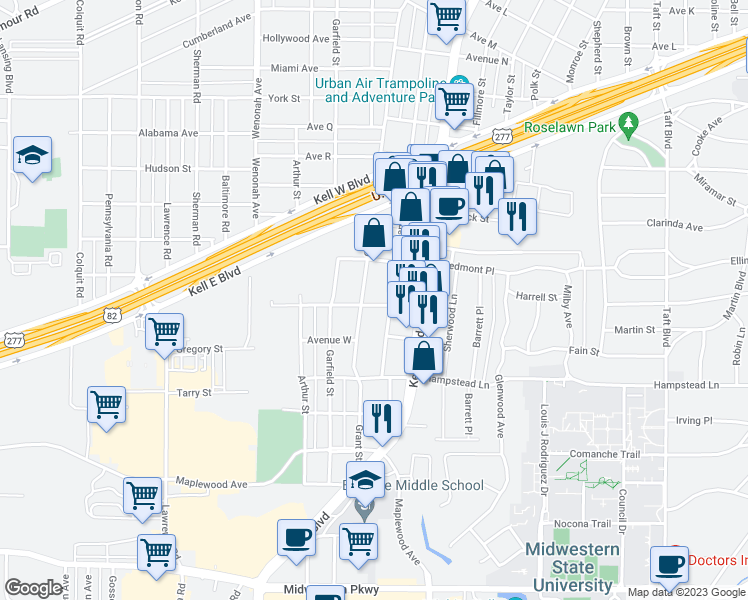 map of restaurants, bars, coffee shops, grocery stores, and more near 2706 Avenue V in Wichita Falls