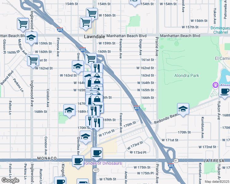 map of restaurants, bars, coffee shops, grocery stores, and more near 4229 166th Street in Lawndale