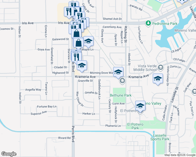 map of restaurants, bars, coffee shops, grocery stores, and more near 16521 Saddlebrook Lane in Moreno Valley