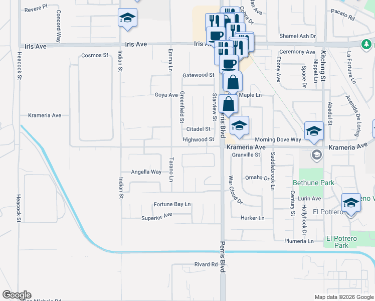 map of restaurants, bars, coffee shops, grocery stores, and more near Krameria Avenue in Moreno Valley