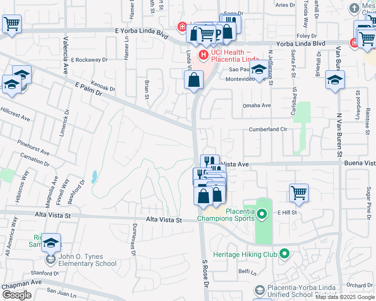 map of restaurants, bars, coffee shops, grocery stores, and more near 1116 Powell Drive in Placentia
