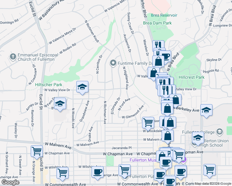 map of restaurants, bars, coffee shops, grocery stores, and more near 901 El Dorado Drive in Fullerton