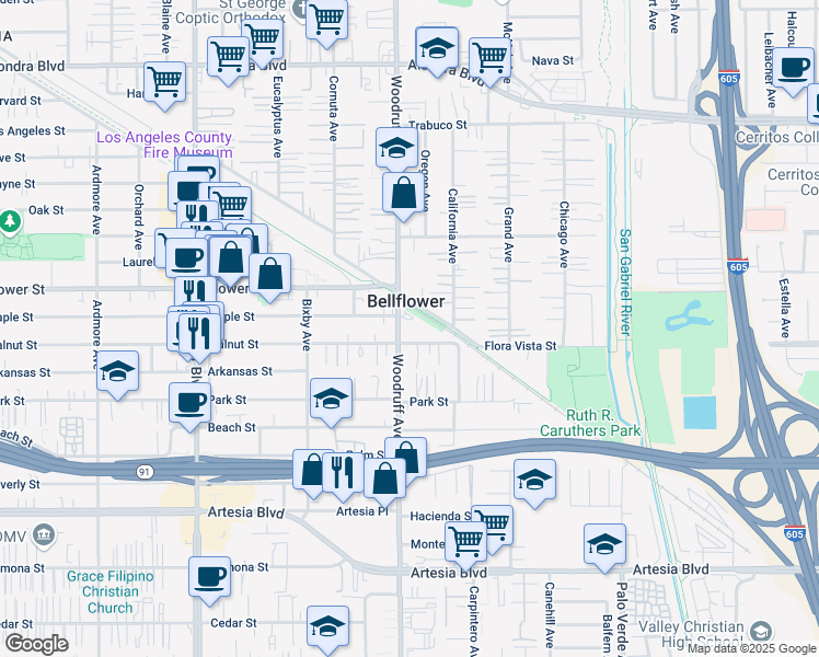 map of restaurants, bars, coffee shops, grocery stores, and more near 10145 Walnut Street in Bellflower
