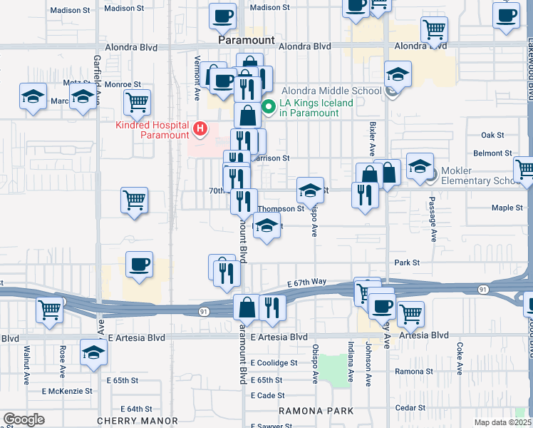 map of restaurants, bars, coffee shops, grocery stores, and more near 2941 East 69th Street in Long Beach