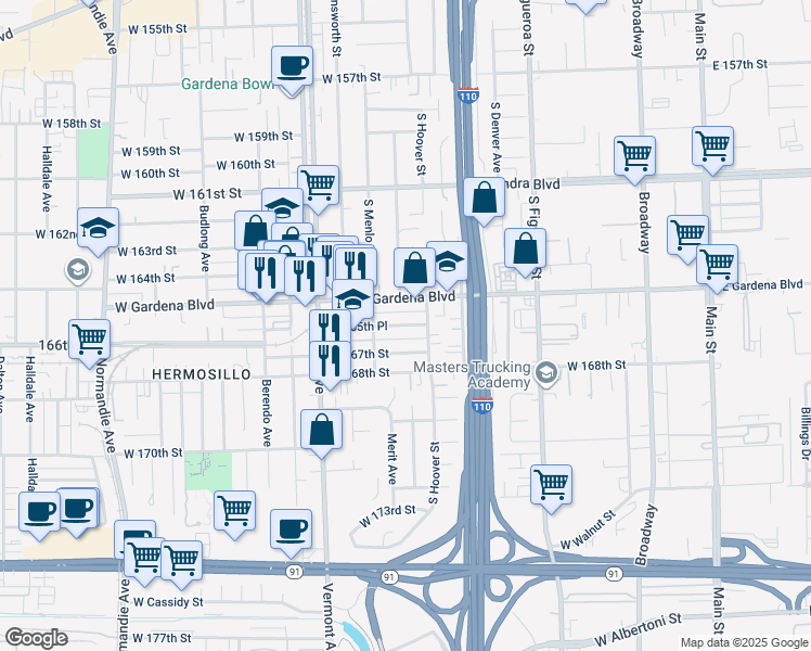 map of restaurants, bars, coffee shops, grocery stores, and more near 746 West 165th Place in Gardena