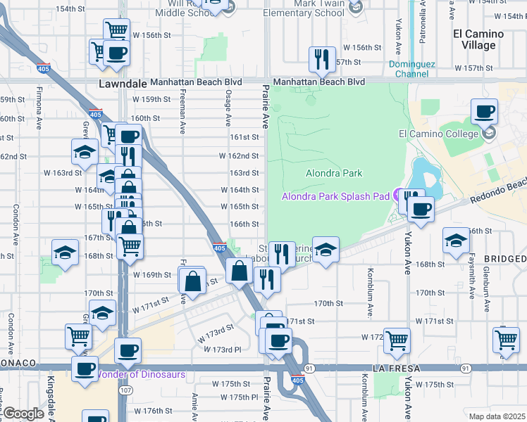 map of restaurants, bars, coffee shops, grocery stores, and more near 16515 Prairie Avenue in Lawndale