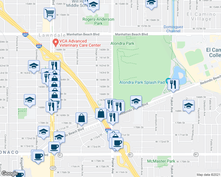 map of restaurants, bars, coffee shops, grocery stores, and more near 16515 Prairie Avenue in Lawndale