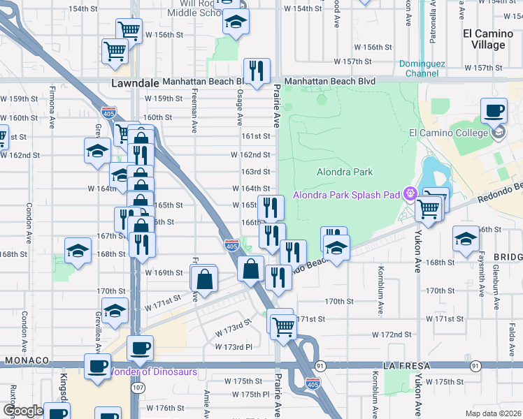 map of restaurants, bars, coffee shops, grocery stores, and more near 4045 166th Street in Lawndale