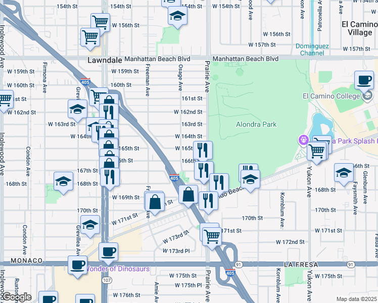 map of restaurants, bars, coffee shops, grocery stores, and more near 4045 166th Street in Lawndale