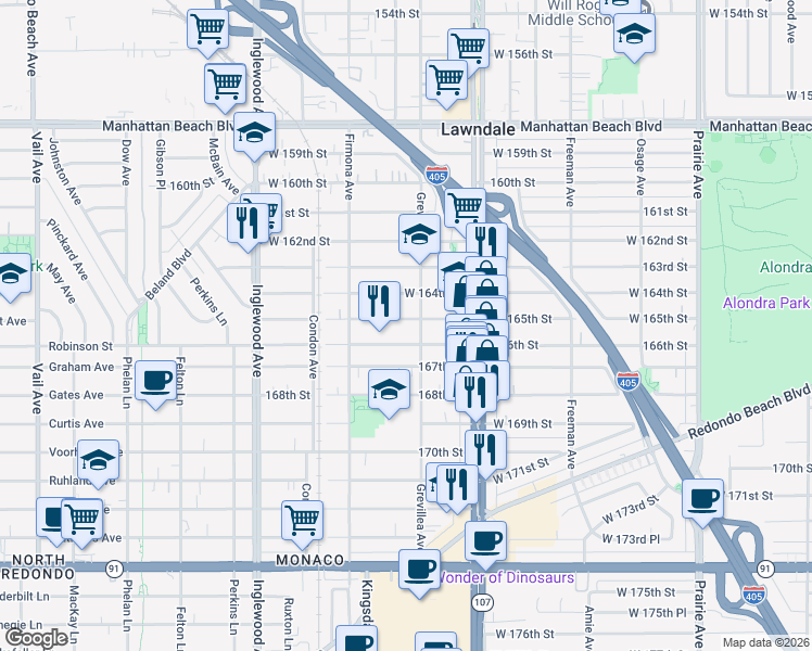 map of restaurants, bars, coffee shops, grocery stores, and more near 4535 166th Street in Lawndale
