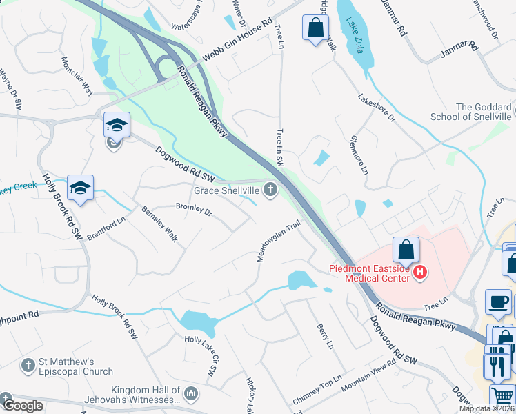map of restaurants, bars, coffee shops, grocery stores, and more near 2410 Banberry Lane in Snellville