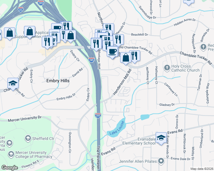 map of restaurants, bars, coffee shops, grocery stores, and more near 3236 Henderson Mill Road in Atlanta