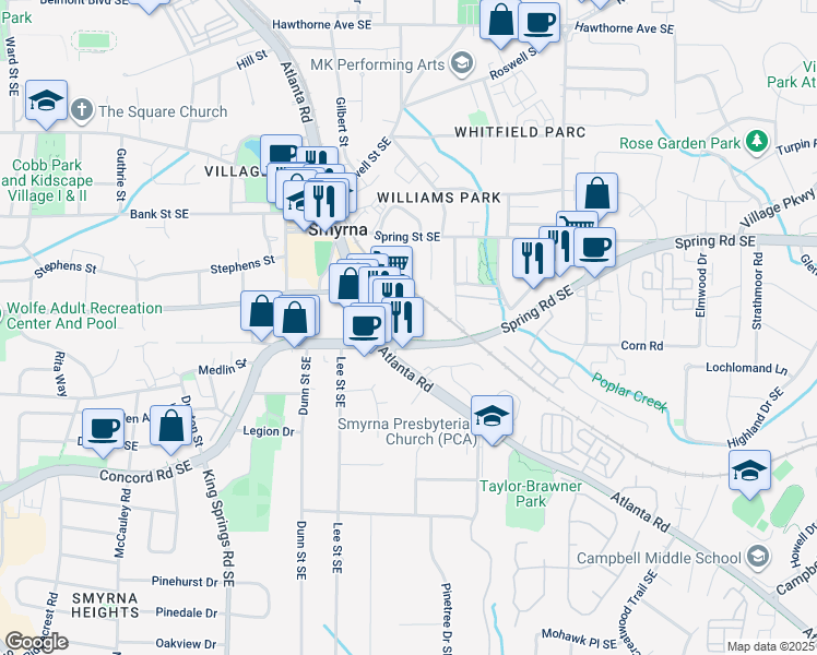 map of restaurants, bars, coffee shops, grocery stores, and more near 1455 Spring Road Southeast in Smyrna