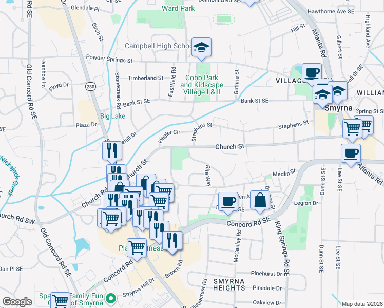 map of restaurants, bars, coffee shops, grocery stores, and more near 3011 Clifton Road in Smyrna