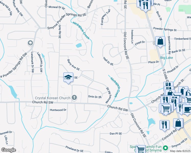 map of restaurants, bars, coffee shops, grocery stores, and more near 339 Diane Drive Southeast in Smyrna