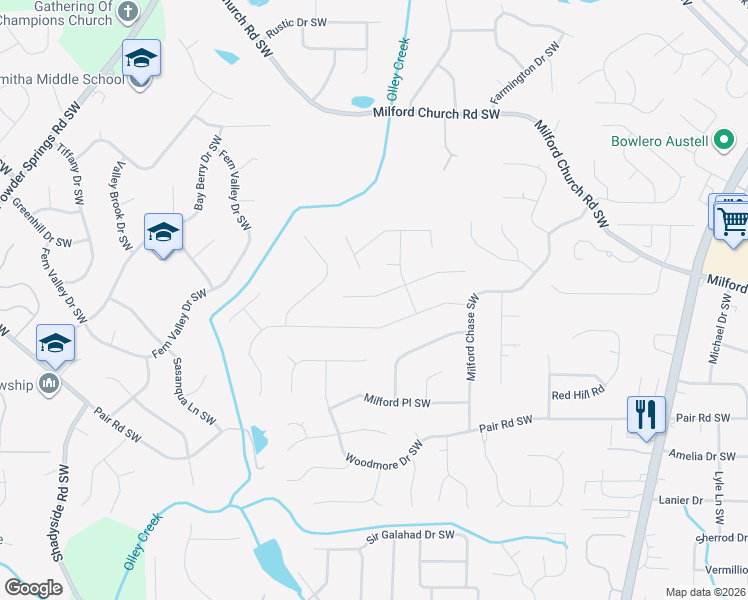 map of restaurants, bars, coffee shops, grocery stores, and more near 1730 Milford Creek Overlook Southwest in Marietta