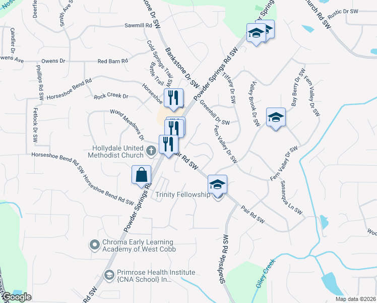 map of restaurants, bars, coffee shops, grocery stores, and more near 2160 Denson Lane South West in Marietta
