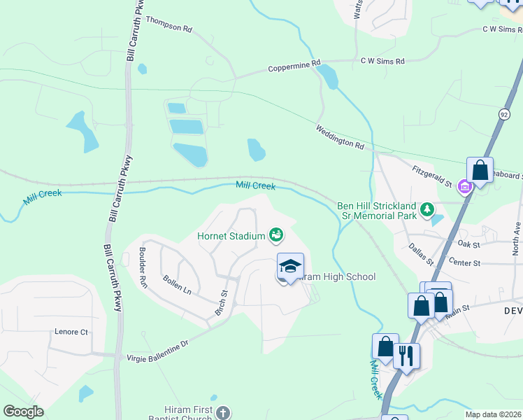 map of restaurants, bars, coffee shops, grocery stores, and more near 278 Baywood Way in Hiram