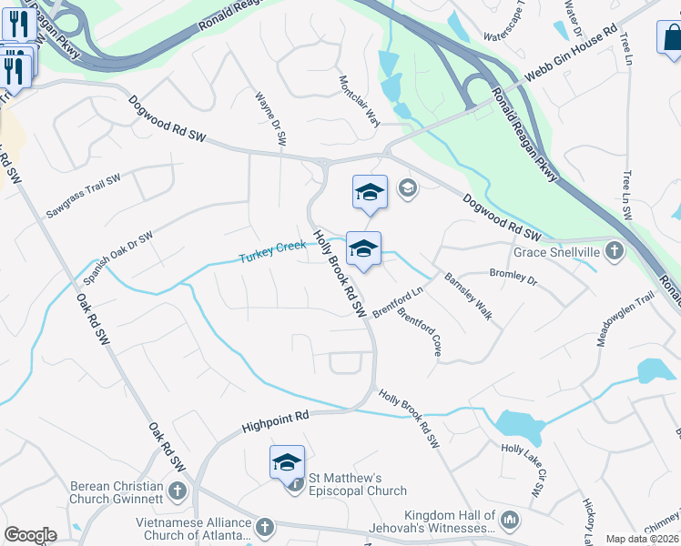map of restaurants, bars, coffee shops, grocery stores, and more near 1330 Holly Brook Road Southwest in Snellville