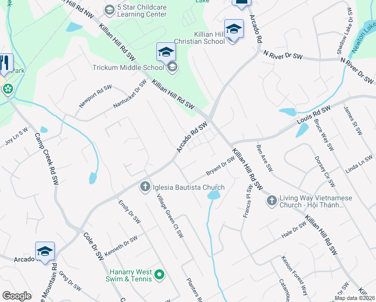 map of restaurants, bars, coffee shops, grocery stores, and more near 4502 Arcado Road Southwest in Lilburn