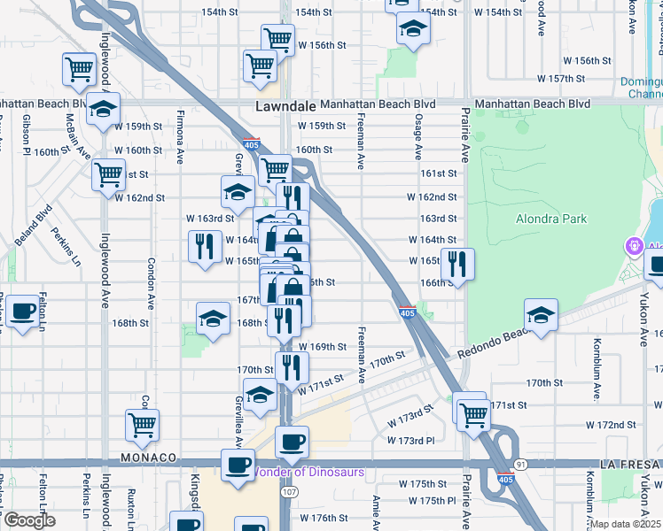 map of restaurants, bars, coffee shops, grocery stores, and more near 4300 West 165th Street in Lawndale