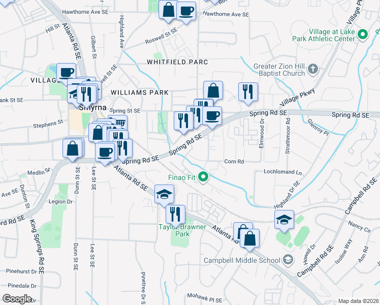 map of restaurants, bars, coffee shops, grocery stores, and more near 1639 Spring Road Southeast in Smyrna