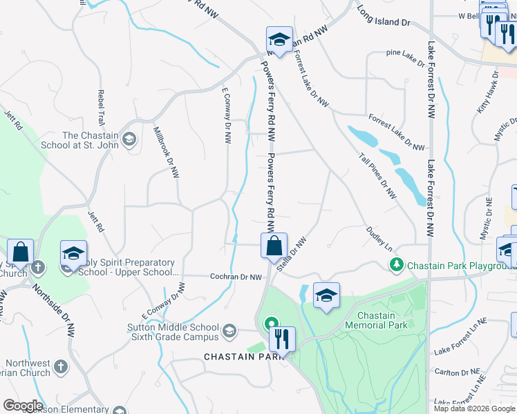 map of restaurants, bars, coffee shops, grocery stores, and more near 4570 Powers Ferry Road Northwest in Atlanta