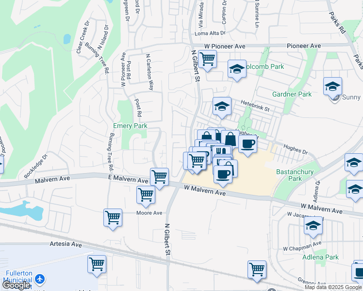 map of restaurants, bars, coffee shops, grocery stores, and more near 2303 West Millstream Drive in Fullerton