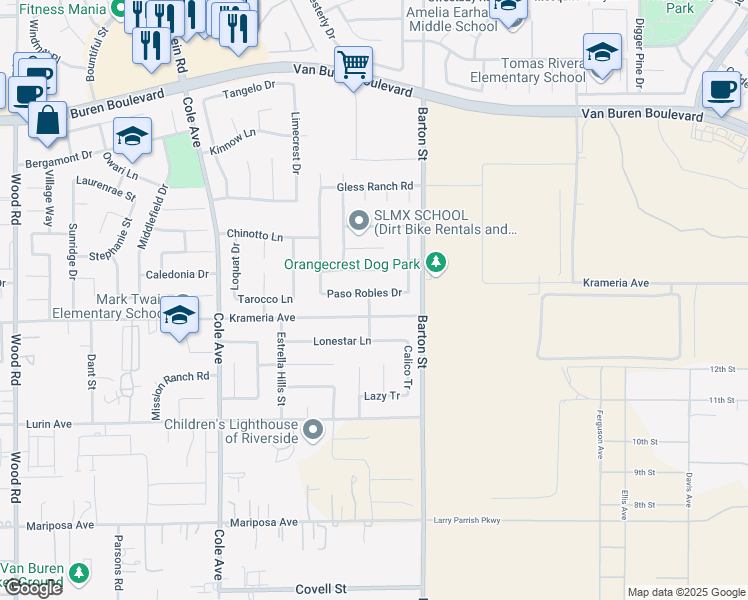map of restaurants, bars, coffee shops, grocery stores, and more near 19869 Paso Robles Drive in Riverside