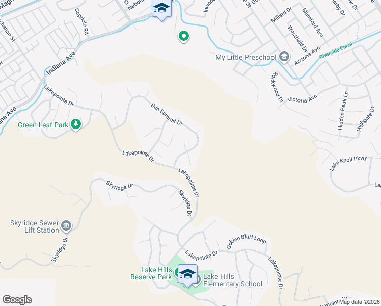 map of restaurants, bars, coffee shops, grocery stores, and more near 16462 Sun Summit Drive in Riverside