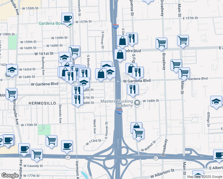 map of restaurants, bars, coffee shops, grocery stores, and more near 16609 Estrella Avenue in Gardena
