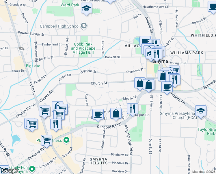map of restaurants, bars, coffee shops, grocery stores, and more near 3655 Love Street in Smyrna