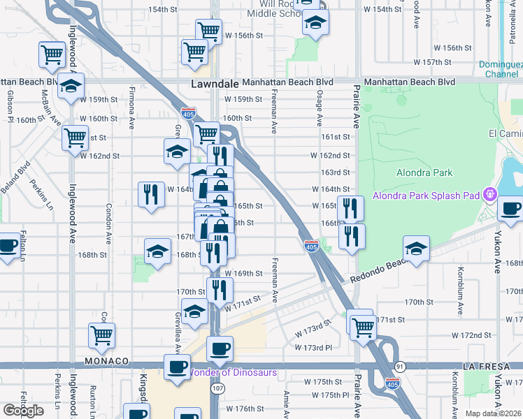 map of restaurants, bars, coffee shops, grocery stores, and more near 4220 West 165th Street in Lawndale
