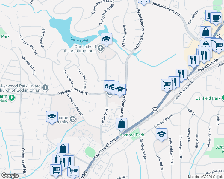 map of restaurants, bars, coffee shops, grocery stores, and more near 1688 Windsor Parkway in Atlanta