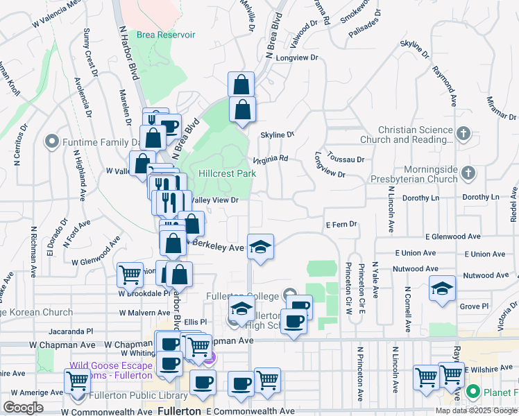 map of restaurants, bars, coffee shops, grocery stores, and more near 1100 North Lemon Street in Fullerton