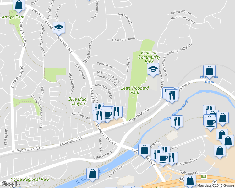 map of restaurants, bars, coffee shops, grocery stores, and more near 5635 Clearwater Drive in Yorba Linda