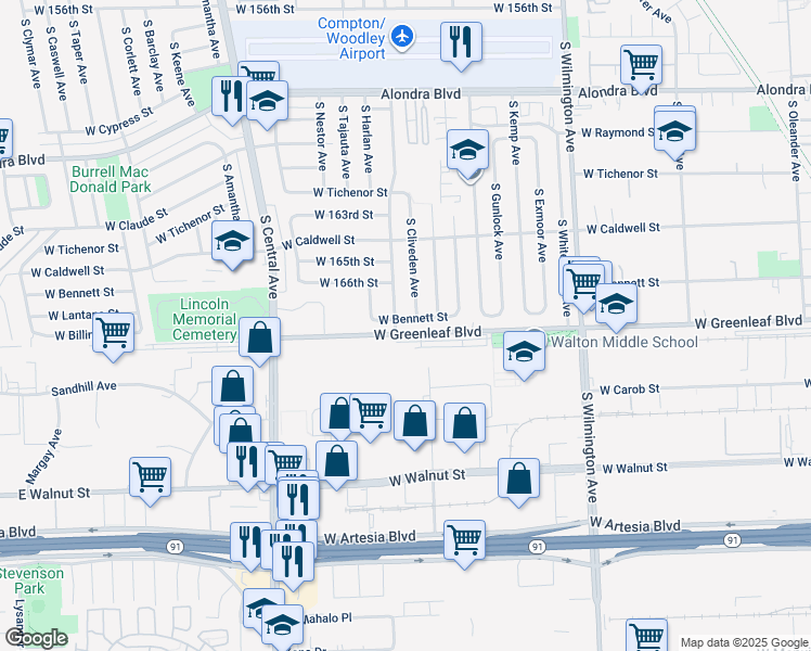 map of restaurants, bars, coffee shops, grocery stores, and more near 1310 West Bennett Street in Compton