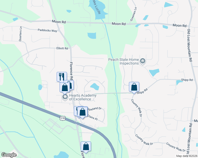 map of restaurants, bars, coffee shops, grocery stores, and more near 4884 Country Cove Way in Powder Springs