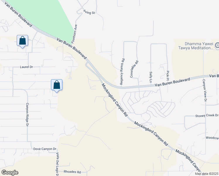 map of restaurants, bars, coffee shops, grocery stores, and more near 16440 Mockingbird Canyon Road in Riverside